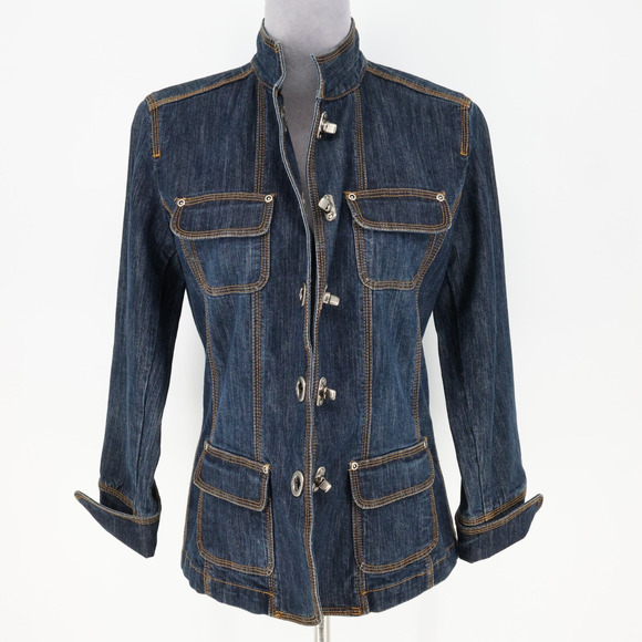 Chicos Denim Jacket 0 Womens Small Blue Military Stretch Cotton Pockets Toggles - Picture 2 of 16